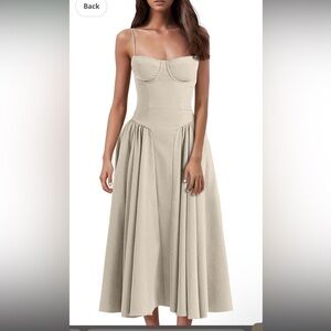 Elegant Spaghetti Strap Midi Dress Flowy Pleated Hem Low Cut